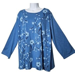 Vermont Country Store Blue Floral Embroidered detail Slub Cotton Tunic Top 2X